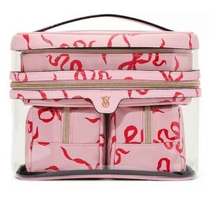 Victoria’s Secret 4-Piece Pink & Red Bow Makeup Cosmetic Train Case Set NWT